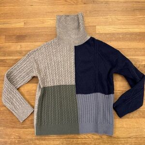 Grey navy cable knit turtleneck sweater shirt top sz large L
 b55